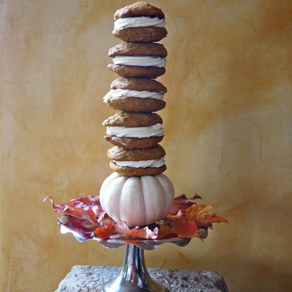 Pumpkin Whoopie Pie with Cream Cheese Frosting Tower