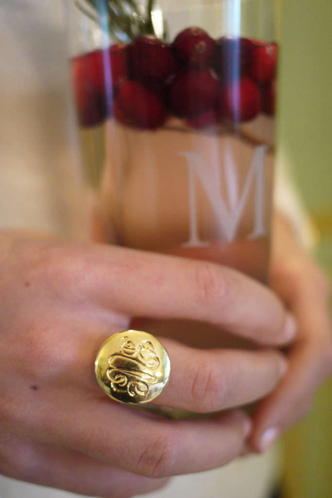 monogram signet ring and personalized glassware